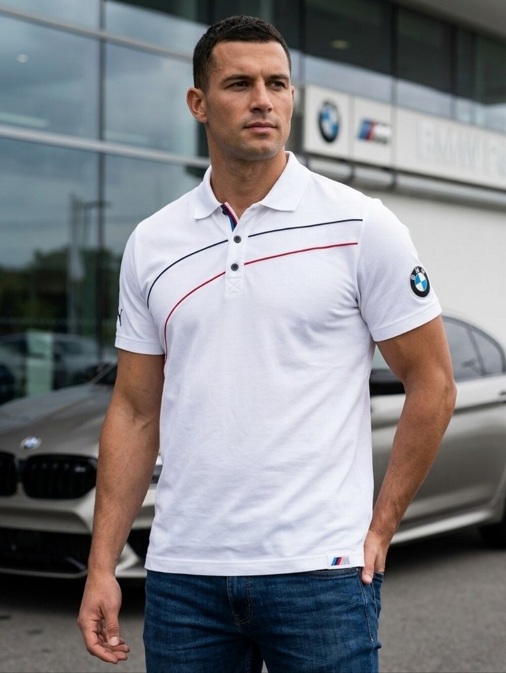 Puma Men's White Polo with Red & Navy Piping